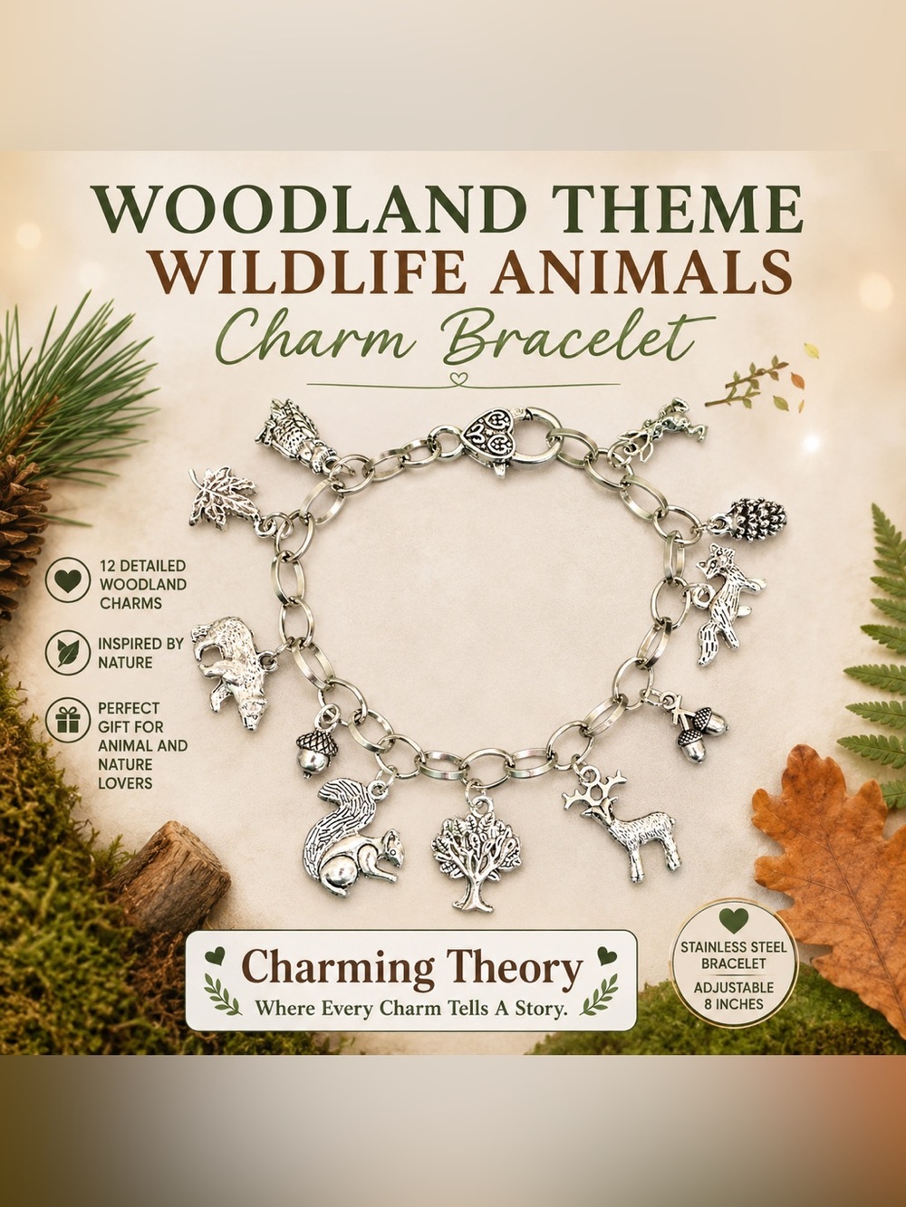 Woodland Animals Charm Bracelet, Forest Wildlife Jewelry, Nature Lover Gift